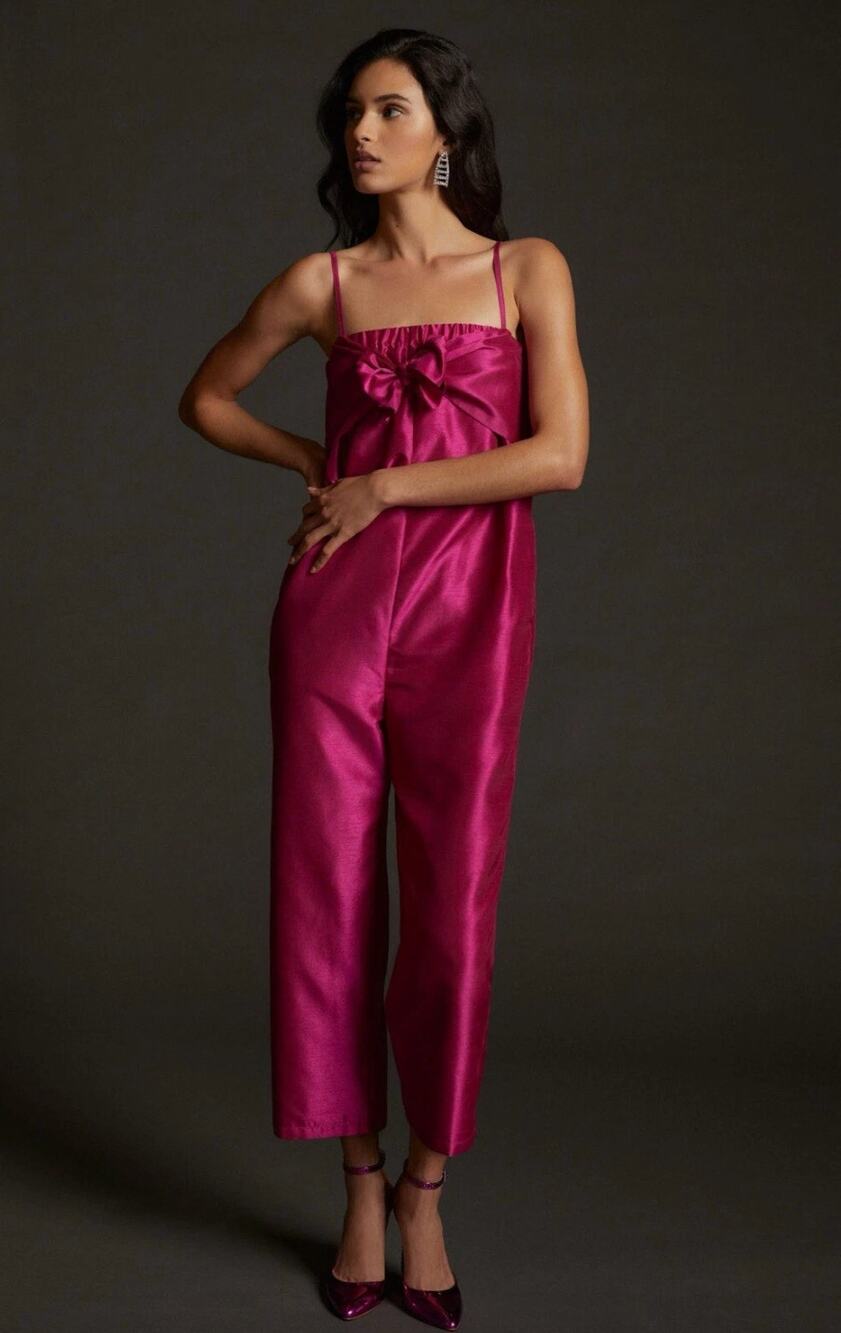 Hutch Anthropologie Bow Tie Satin Jumpsuit Pink Party Cocktail Glam XS NWT